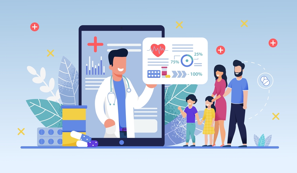 Icons surrounding online doctor telemedicine appointment